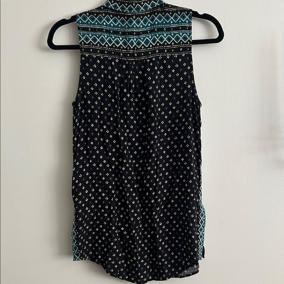 Anthropologie Akemi + Kin Boho Black and Teal Geometric Button-down Tank Blouse - Picture 5 of 7